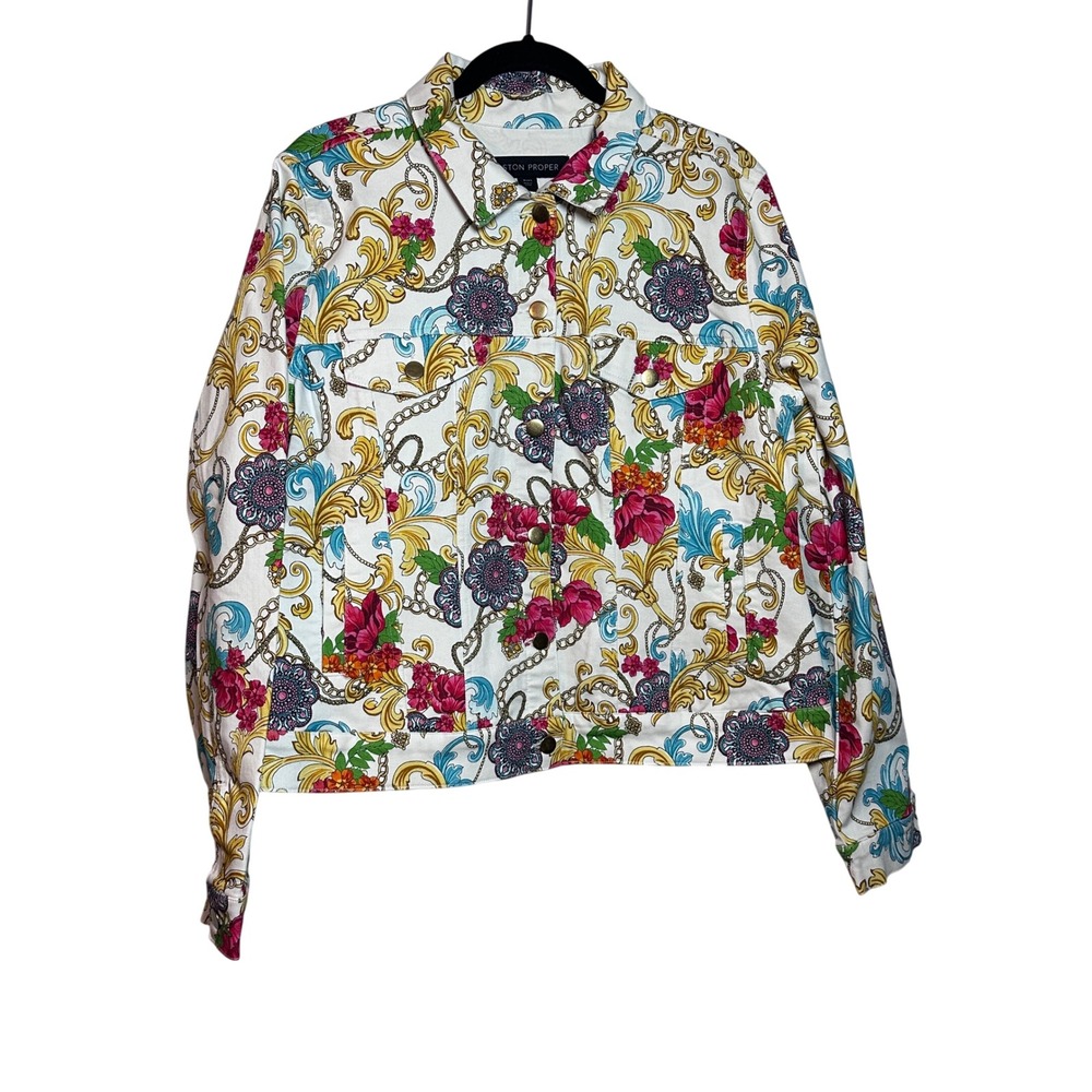 Boston Proper Baroque Floral Chain Print Denim Jacket Women's Size L Preppy